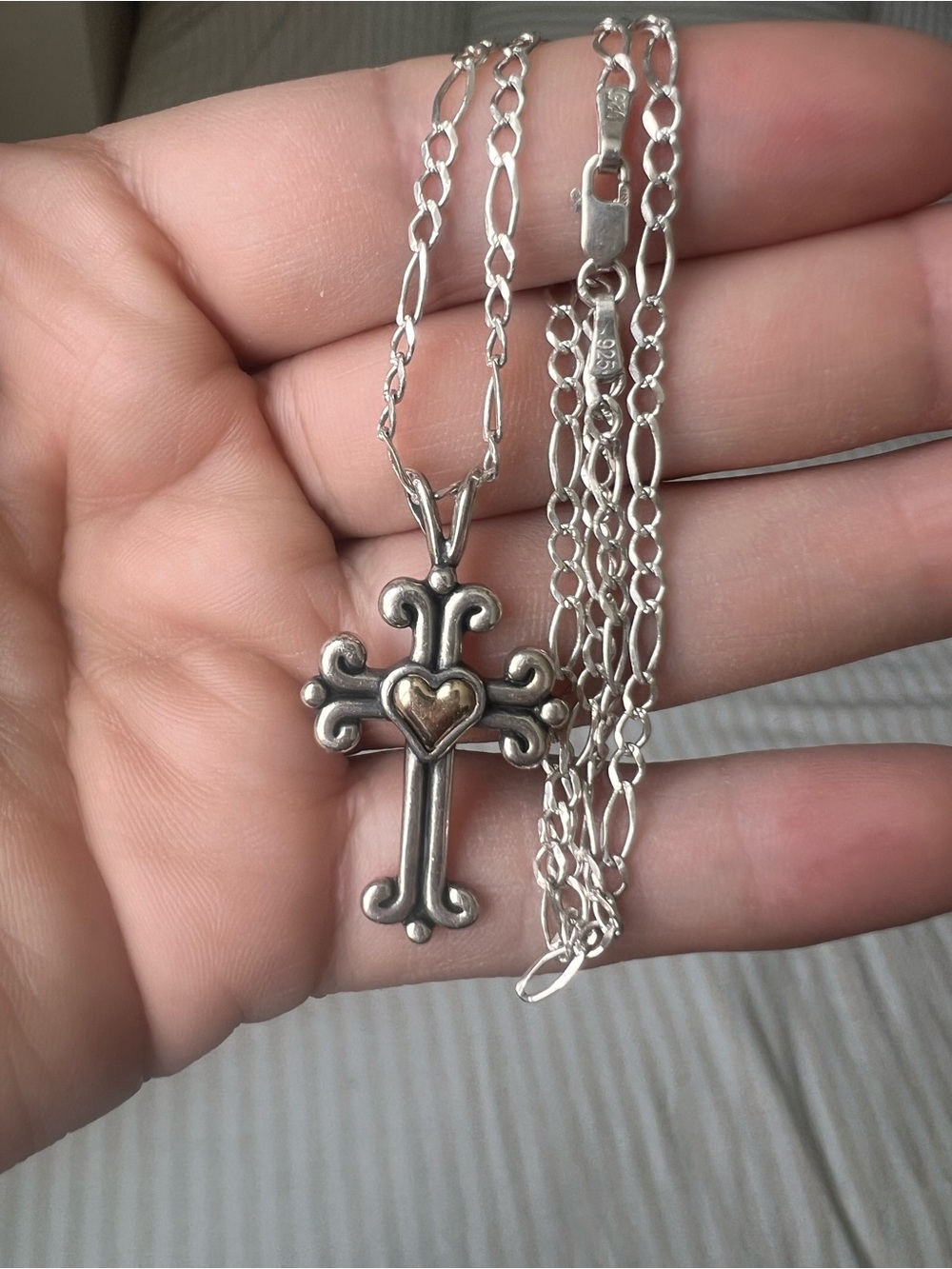 Vintage Silver Cross 925, Necklace is also Silver 925, Heart on cross is 14k